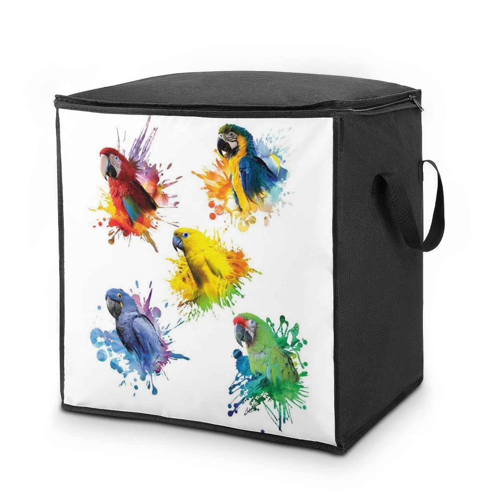 Lyfthologen 70L Storage Bags, 3D Watercolor Parrot Storage Box with Lid Zipper And Handles, Clothes Bags for Quilt, Blankets, Bedding