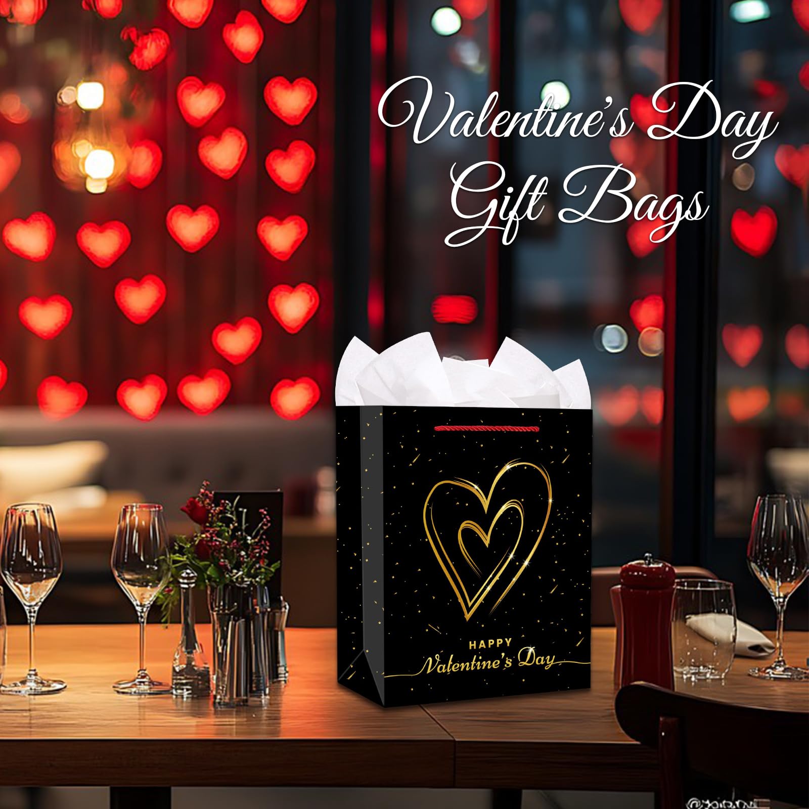 FLYAB 33 cm große Valentinstags-Geschenktüte mit Seidenpapier, Happy Valentine's Day Geschenktüte mit Griff, romantischer Jahrestag, Hochzeit, Geschenktüten für Sie, Ihn, Freundin, Freund, Ehefrau,