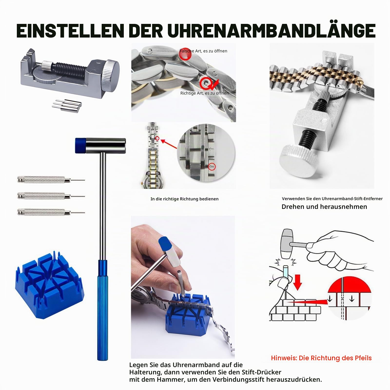 Uhrenreparatur-Set, Uhrenbatterie-Ersatzwerkzeug, Entfernung und Größenanpassung, Uhrengehäuseöffner, Federstegwerkzeuge, Uhrenschlüssel-Rückenentferner, Uhren-Reinigungsset mit Werkzeugtasche