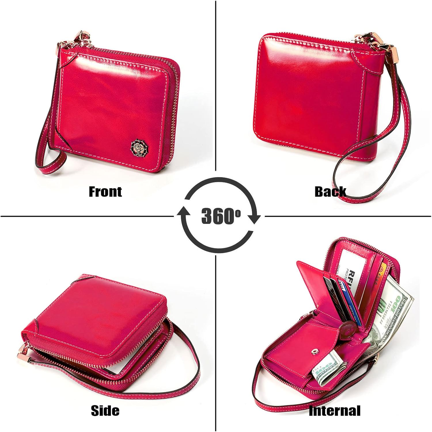 Small Zip Around Wallet for Women,Genuine Leather RFID Blocking Wristlet Clutch Luxurious Credit Card Holder (Small, Ross Red), WL-008