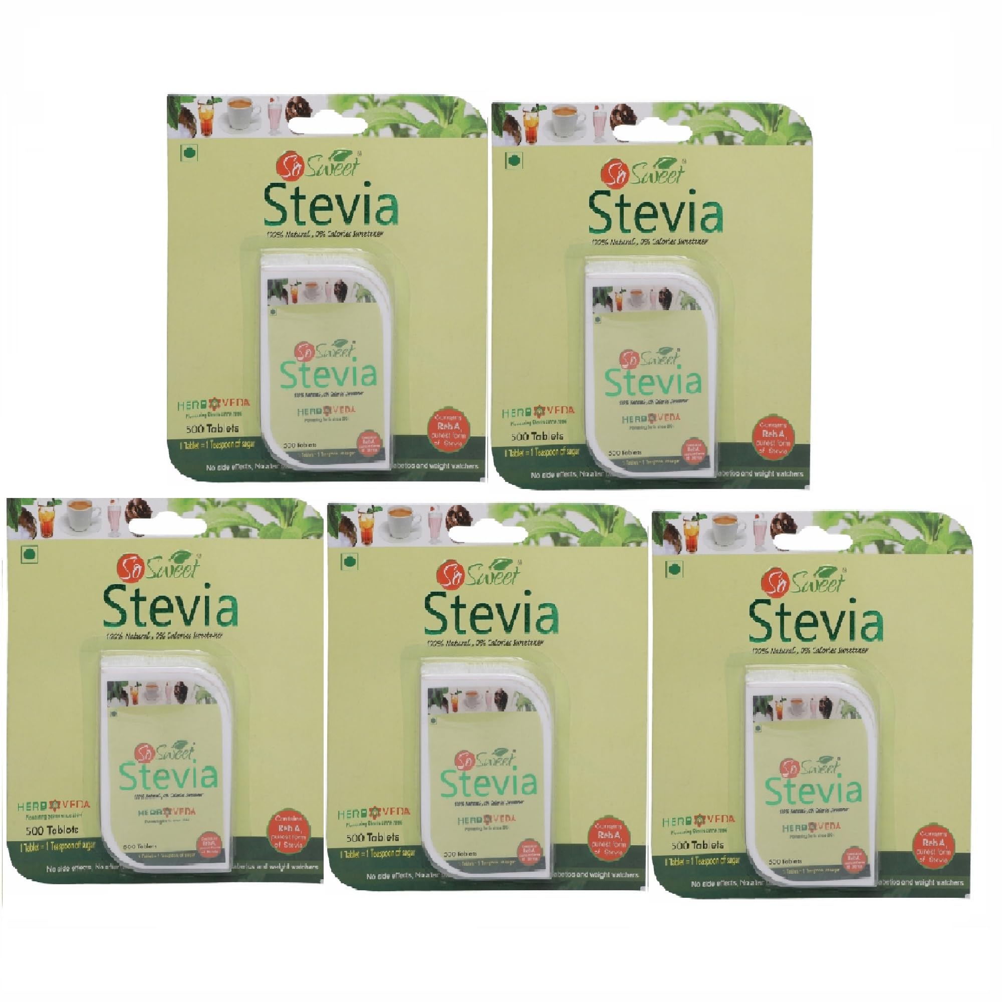 So Sweet Stevia 500 Tablets - Sugar-Free, Natural, Zero-Calorie Sweetener for Diabetes Control, Pack of 5, Convenient for Sweetening Drinks & Cooking, Diabetic & Keto Friendly, Ideal for Healthy Living