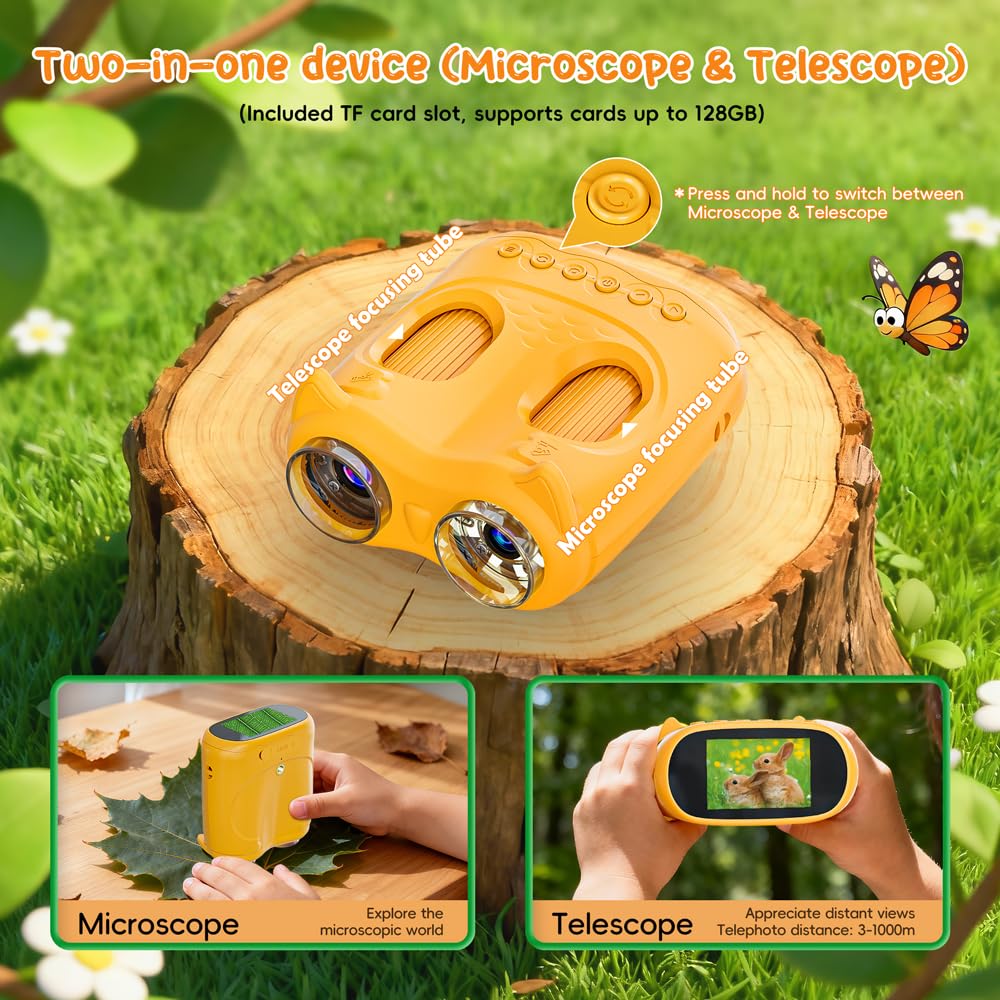 2 in 1 Microscopio Bambini e Telescopio, Temodu Microscopio Digitale da 2.0‘’, Elettronico Portatile Telescopio 10X con 8 luci LED, può essere utilizzato come regalo di compleanno o di Natale (Orange)