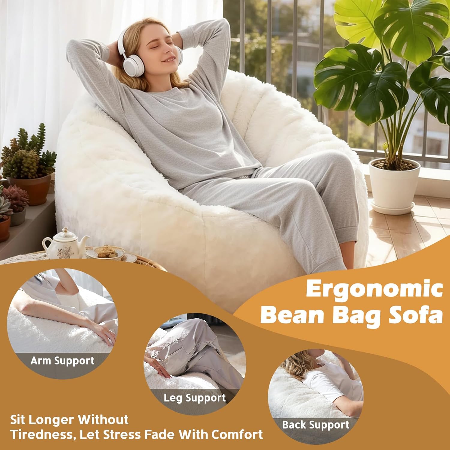 Big Bean Bag Chairs for Adults Giant Sofa with Faux Fur Shell-Shaped Beanbag Couch, Stuffed Large Bean Bag Floor Chair for Living Room, Beanbags Reading Chair for Bedroom Single Sofa(L-White) - Image 3