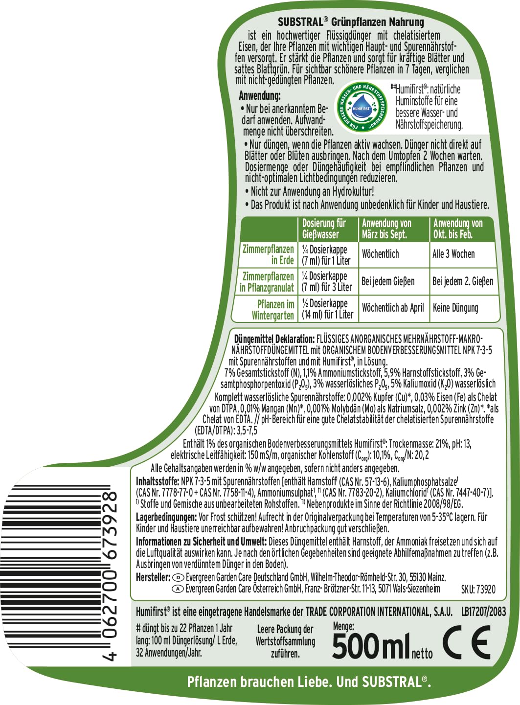 Substral Engrais liquide pour plantes vertes et palmiers, 500 ml, réduit les carences en nutriments, favorise la croissance et le vert feuillu