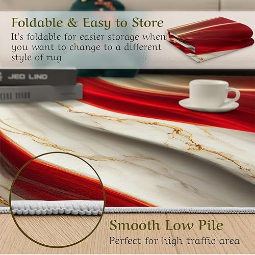 Miniatura 6 de Alfombra ligera de lujo con diseño de mármol rojo dorado, alfombra antideslizante de mármol de lujo, de pelo bajo, fácil de lavar a máquina, para