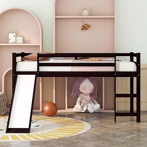 Harper & Bright Designs Cama baja de tamaño individual con tobogán para niños y niñas, cama alta de madera de pino maciza con escalera y rieles de