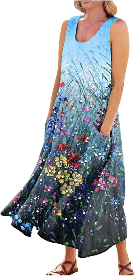 Plus Size Cotton Linen Summer Dresses for Curvy Women 2025 Sleeveless Maxi Vacation Beach Sundresses with Pockets
