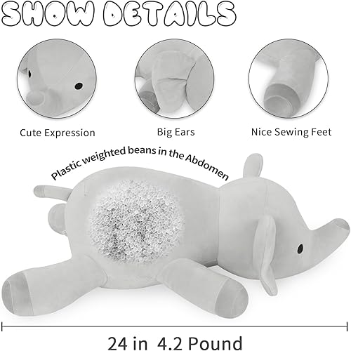 Miniatura 3 de Animales de peluche con peso, 4.2 libras, almohada grande de elefante de 24 pulgadas, juguete de peluche suave, regalo para niños, adultos, niñas y