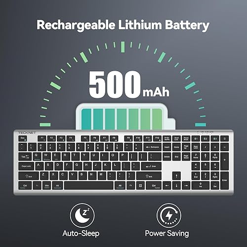 Miniatura 5 de TECKNET Teclado Bluetooth recargable, conmutación libre de 4 dispositivos (2.4G+BT), teclado inalámbrico ultradelgado de tamaño completo, escritura