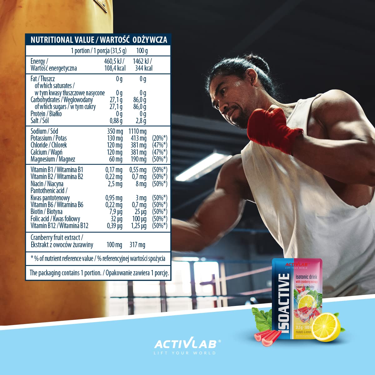 Activlab Izotoniczny napój w proszku - Elektrolity - Witaminy z grupy B - 500 ml Napój sportowy - 20 x 31,5 g Rabarbar-Cytryna izoaktywny