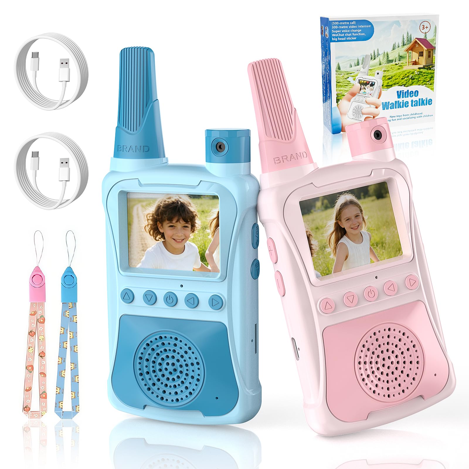 Walkie Talkie dla Dzieci z Kamerą, z Akumulatorem 1000mAh, Zasięg 500M, Prezent na Urodziny Święta Bożego Narodzenia Zabawka dla Chłopców, Dziewczynek w Wieku 3-12 Lat (Niebieski+Różowy)