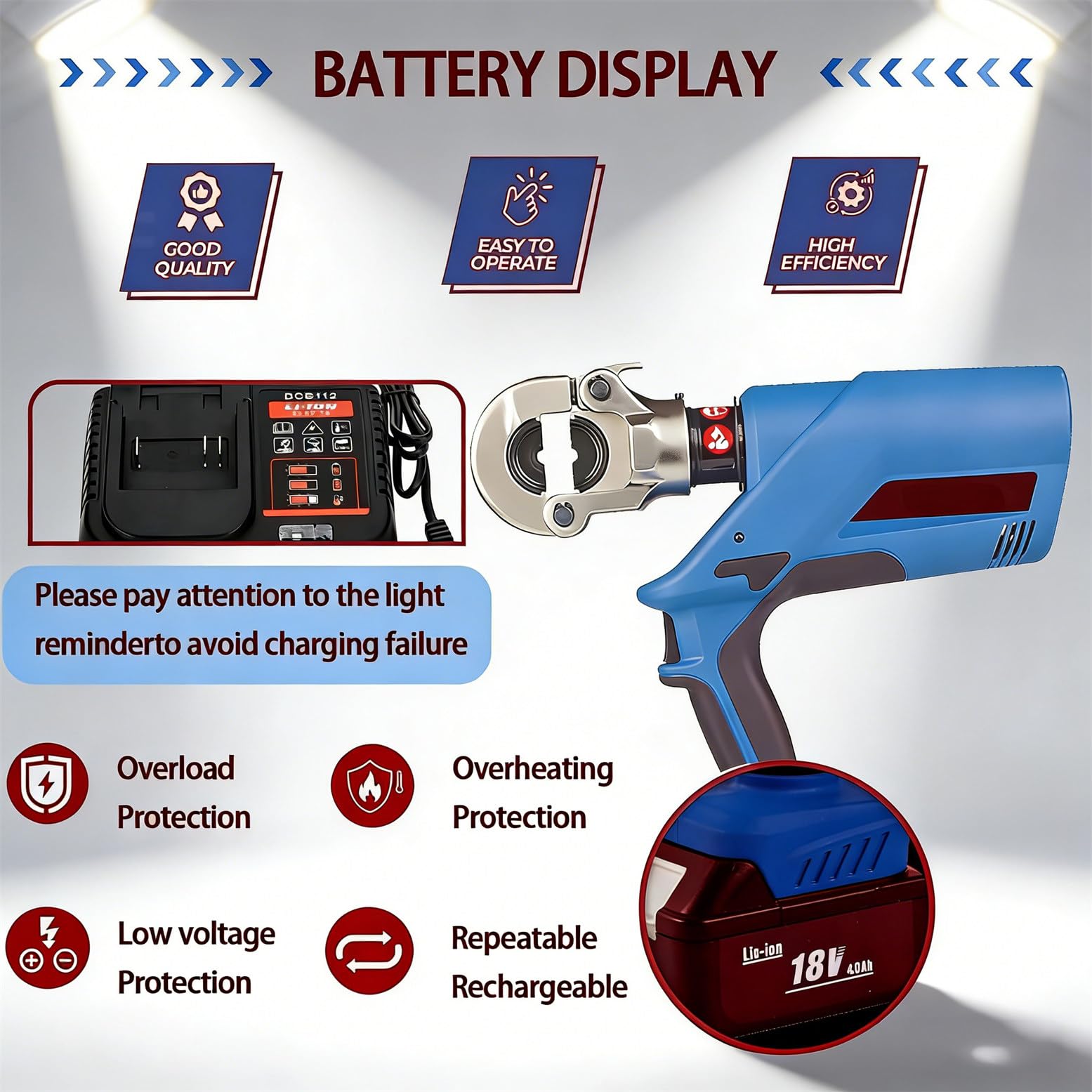 Herramientas de crimpado hidráulicas recargables de 18 V, alicates de 120 KN para terminales de cobre y aluminio, incluye batería de litio de 4 Ah, diseño compacto de 420 x 290 mm