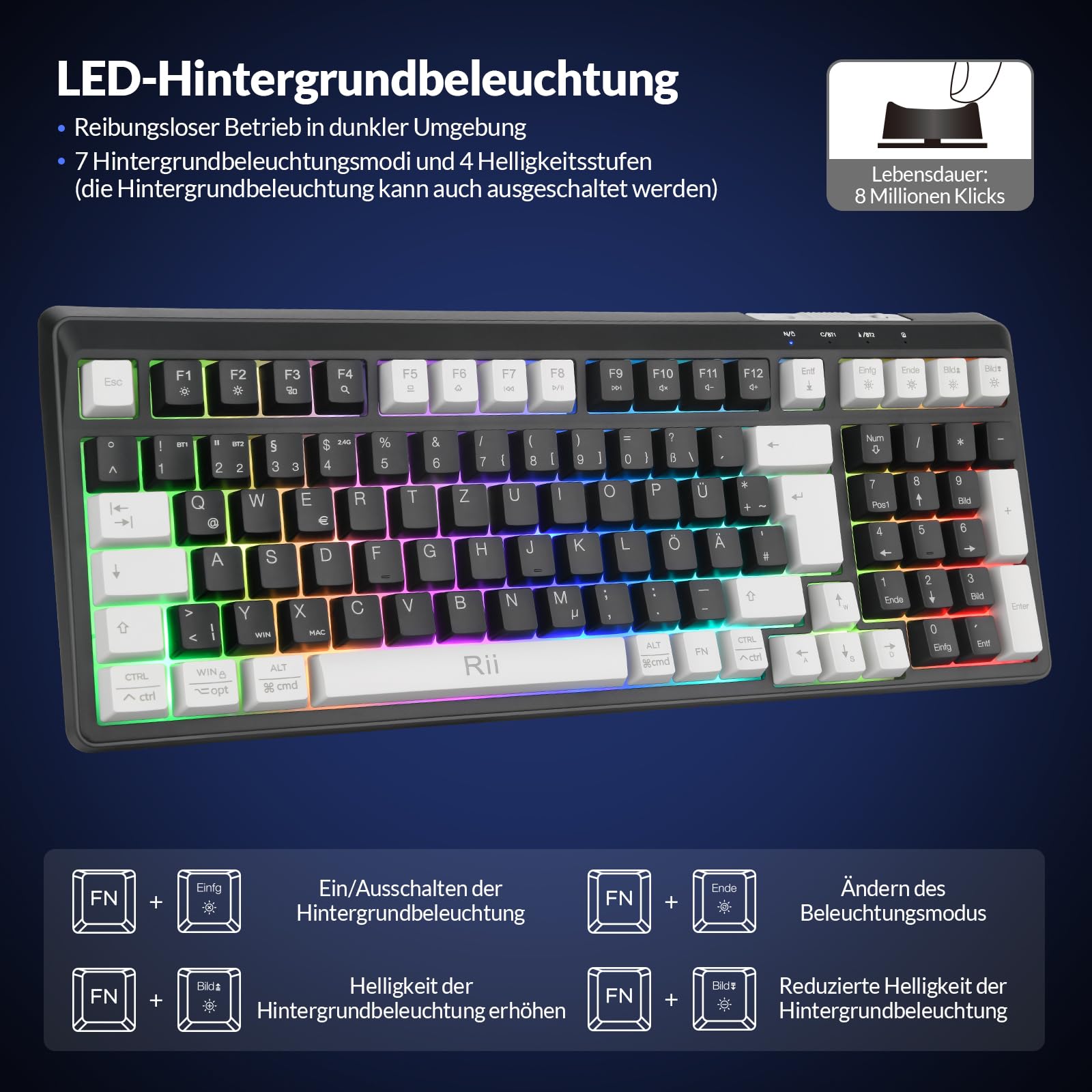 Rii Maus und Tastatur Kabellos Gaming, Tastatur Maus Set, Bluetooth + 2,4GHz Verbindung, LED-Hintergrundbeleuchtung, Wiederaufladbare, QWERTZ