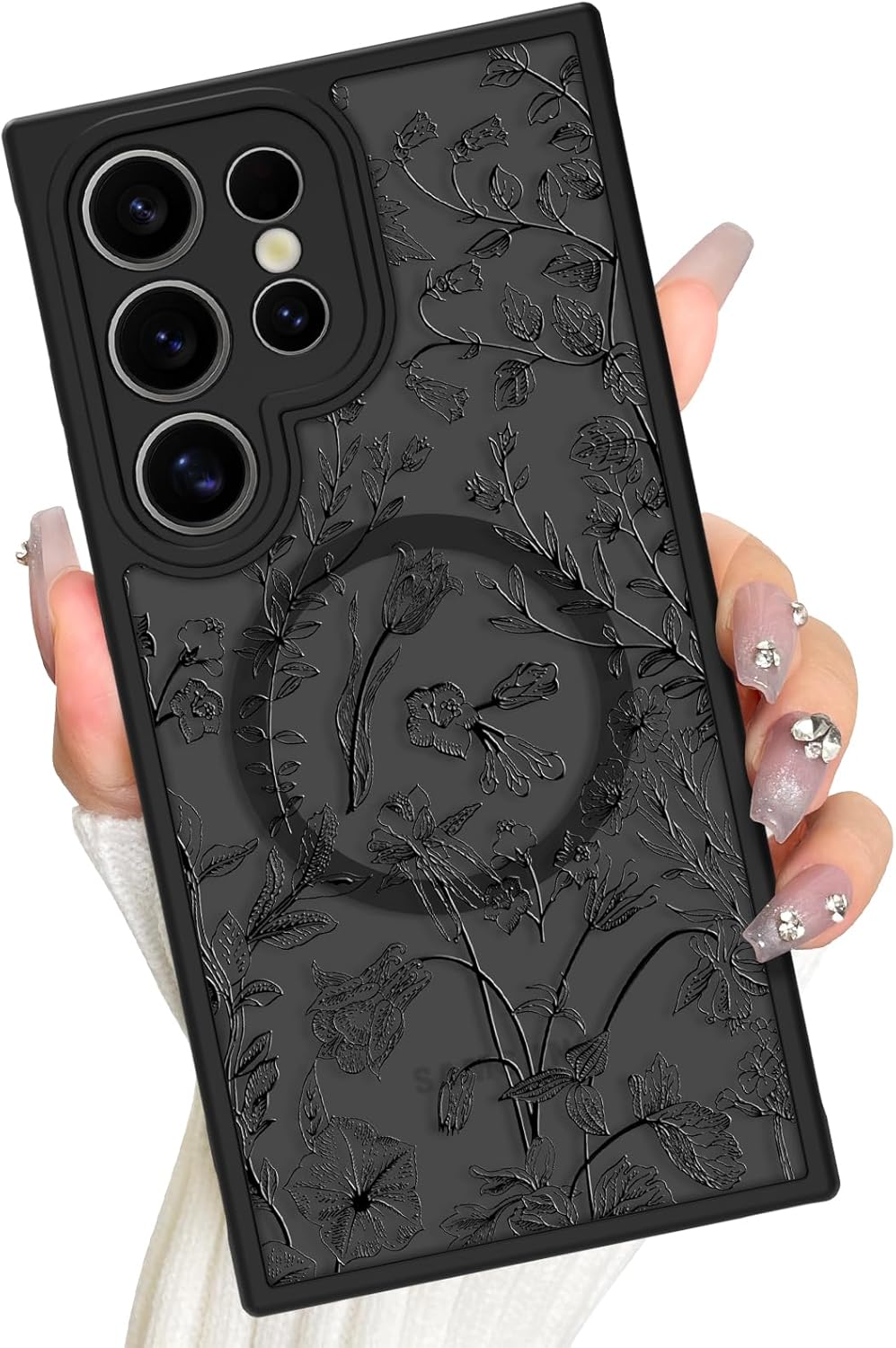AIGOMARA Magnetic for Samsung Galaxy S26 Case, Compatible with Magsafe, Cute Sage Flower Floral Pattern for Women Girls, Slim Matte Translucent Full Camera Protection Phone Case, Black