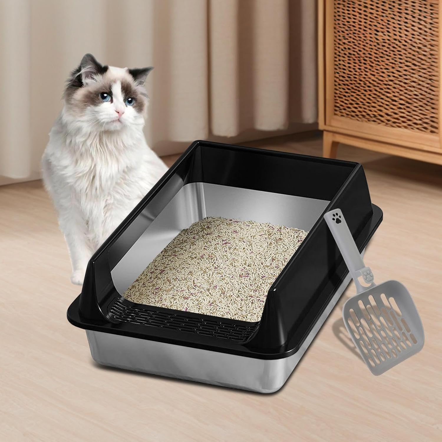 Cat Litter Tray - 15 Inch Litter Box for Easy Cleaning, Comfortable with Non Slip Function, Kitten Toilet for Cats Kittens Home Apartment Daily Indoor Use Hygiene and Training Stainless Steel