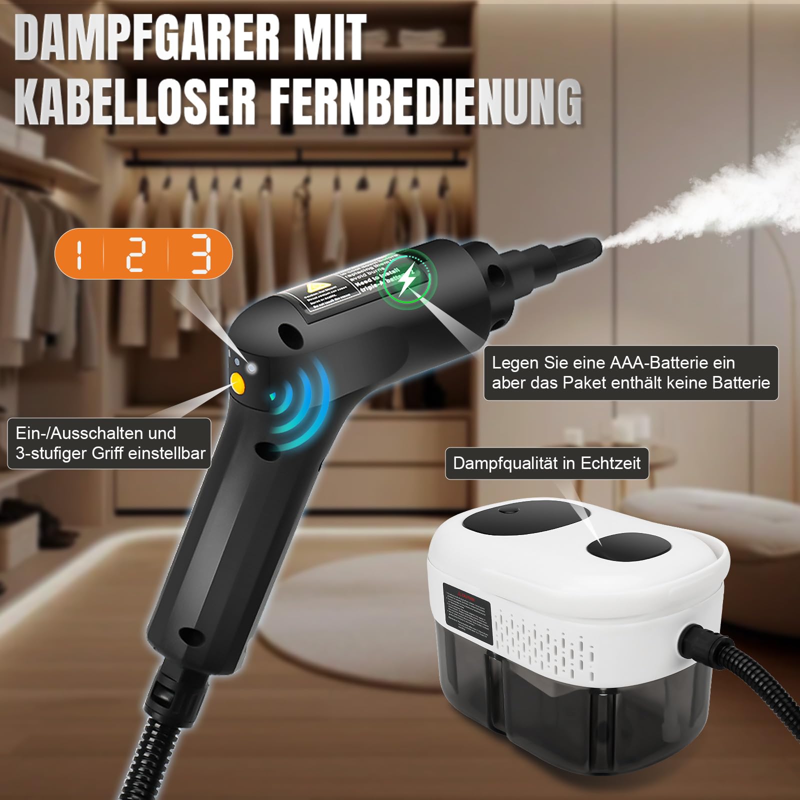 Dampfreiniger 2500W – 10 Sekunden Aufheizzeit, 1,6L Tank, 3-Stufen Dampf, Tragbar Mit 18-teiligem Zubehör