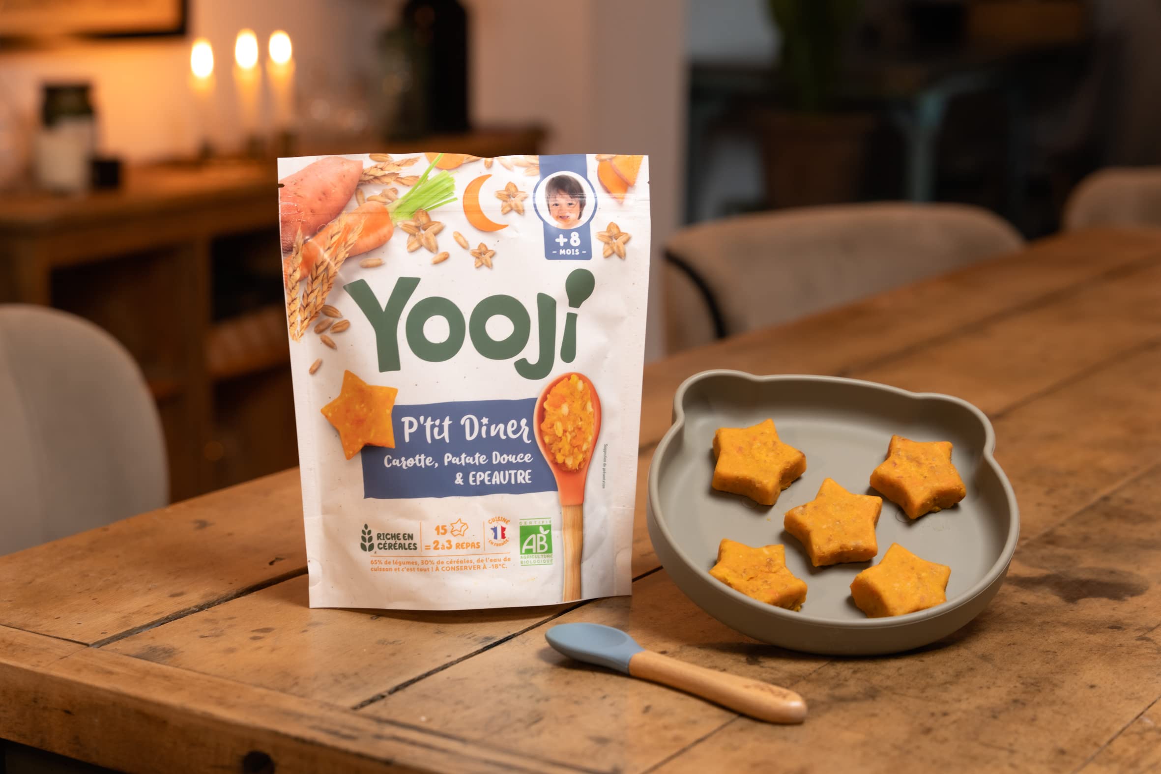 Yooji - P'tit dîner dès 8 mois - 36 repas du soir bio aux légumes et céréales purée avec petits morceaux en forme d'étoile pour bébé