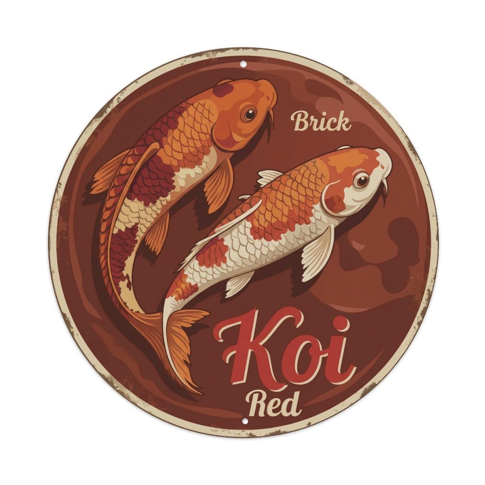 Koi Fish Brick Red Waters Rustic Warm Earthy Solid Metal Tin Sign