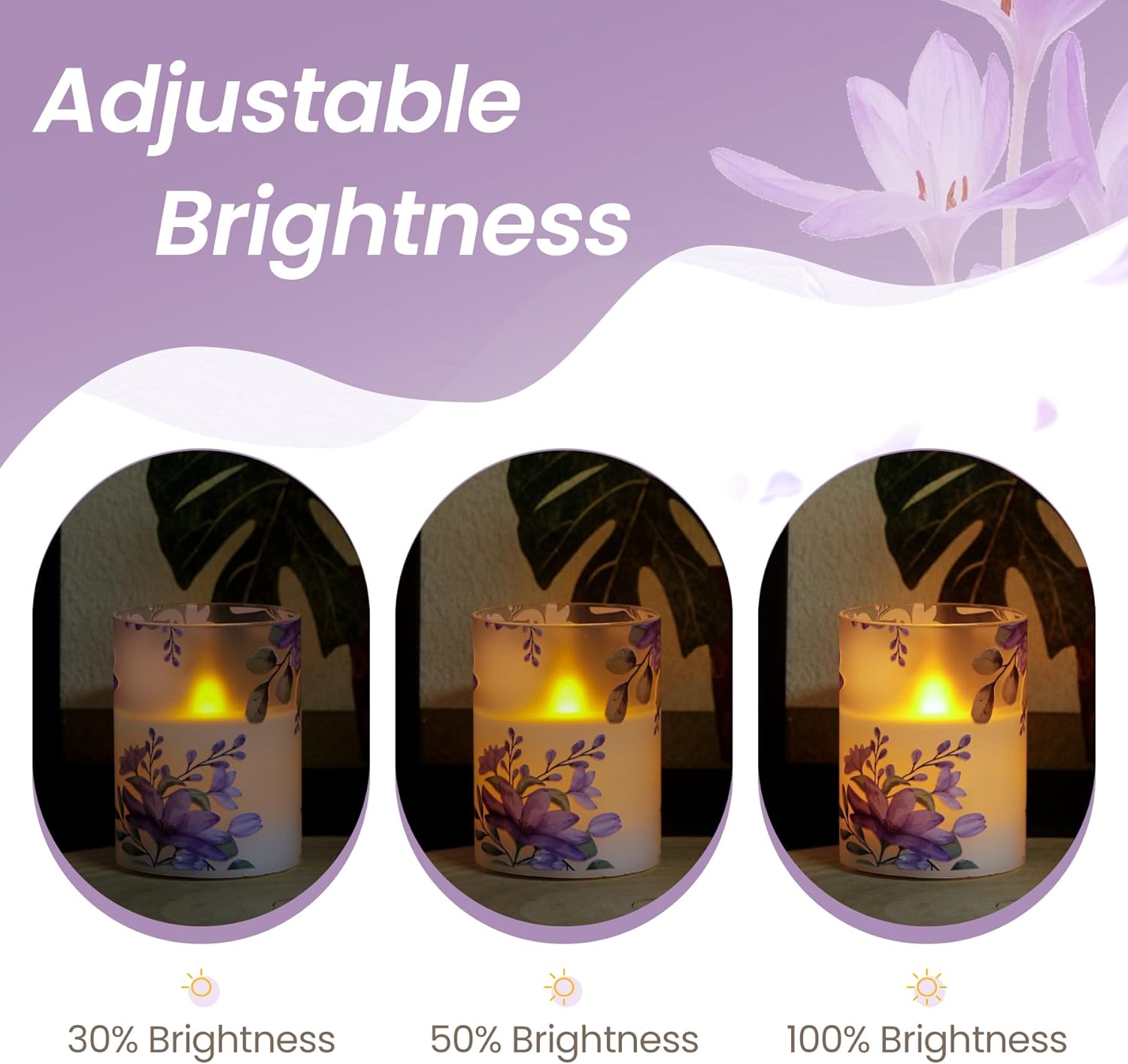 Pack of 3 Flameless Daily Timer Flickering Real Wax Pillar Candles, 3" x 4" 5" 6" LED Battery Operated Purple Flowers Glass Warm Light with Remote Control