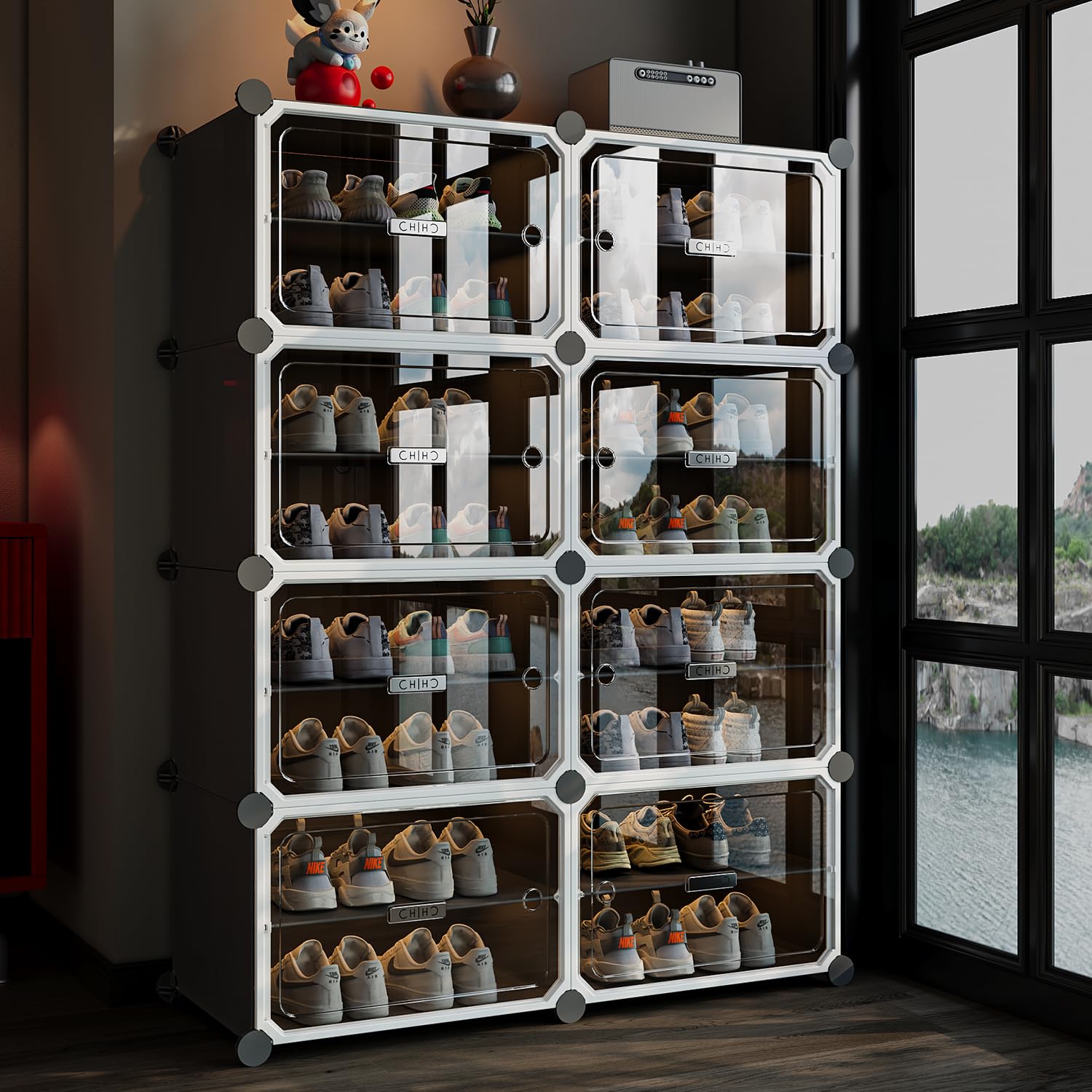 GVEEL シューズボックス 8段 最大32足 大容量 クリア扉付き 靴箱 下駄箱 スリム 省スペース 靴収納 組み立て式 玄関 スッキリに収納 廊下 コンパクト 組替え可能 ブーツ スニーカー 取扱説明書付き 幅91×奥行31×高さ125cm ブラック