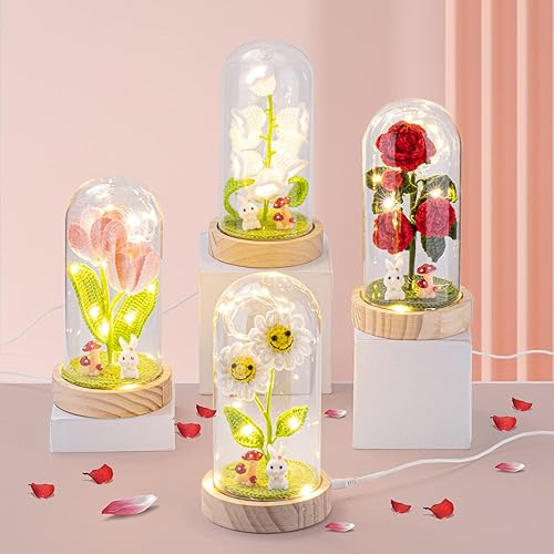 Miniatura 6 de Rosa para mujer, rosa en cúpula de cristal, regalo de flor de rosa de cristal, rosa de ganchillo hecha a mano, regalos de rosas para mujeres, niñas,