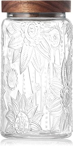 Miniatura 13 de Tarros de vidrio vintage con tapas de madera, recipiente hermético de almacenamiento de 34 onzas para cocina, despensa, baño, recipientes Girasol y