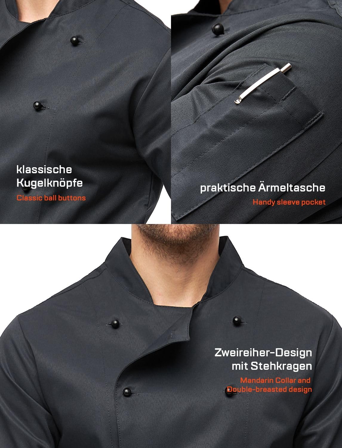 Chef Coat Jacket Men Long Sleeve easyClean Slim Fit Sleeve Pocket Kitchen Service Uniform Workwear - Image 4
