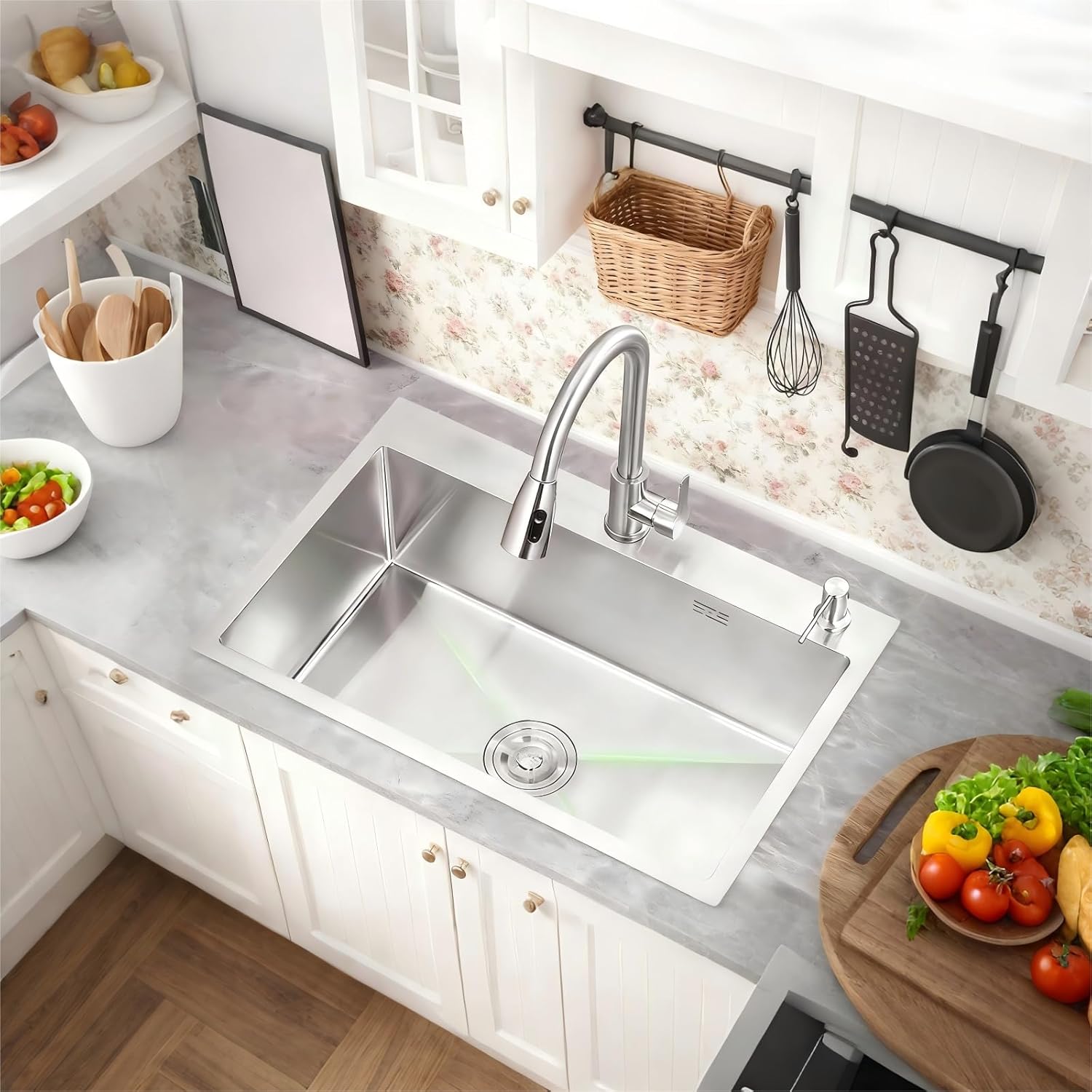 23.6 x 17.7 Inch Kitchen Sink, T304 Stainless Steel Sink, Top Mount Kitchen Sinks with Basket Strainer and Pipe