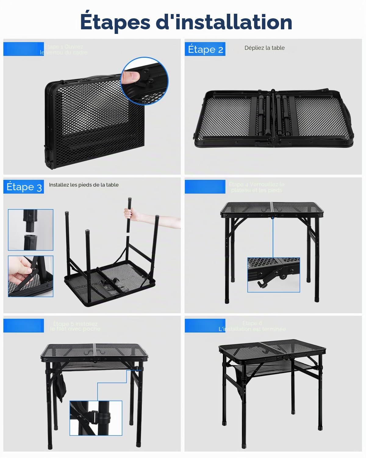 MSDADA Table de gril pliante, réglable en hauteur, bureau et sac en maille, portable pour camping, pique-nique, terrasse, salle à manger, barbecue, fête, noir, 60 x 40 cm