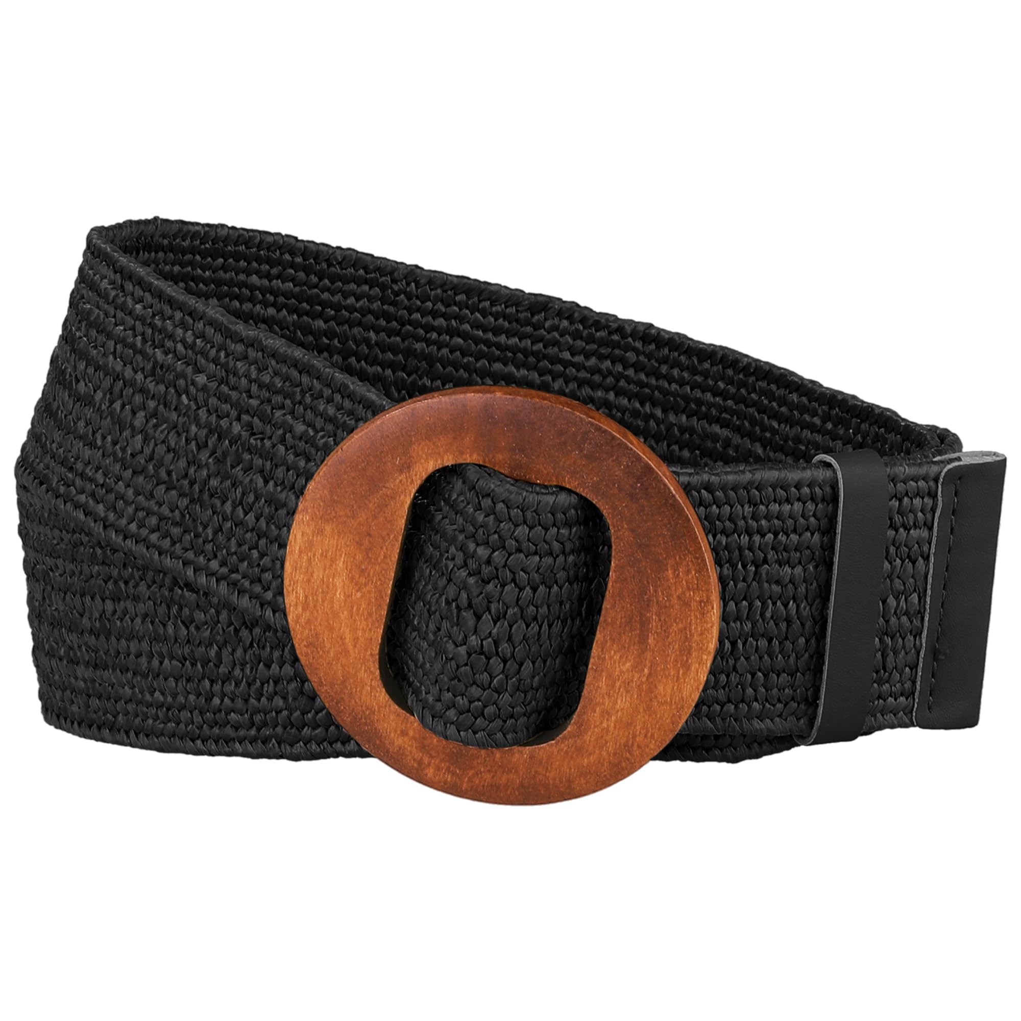 Elerevyo Womens Woven Stretch Belts, Straw Rattan Wooden Buckle Elastic Wide Waistband Waist Belt for Dress Black 60-85cm/23.62-33.46"