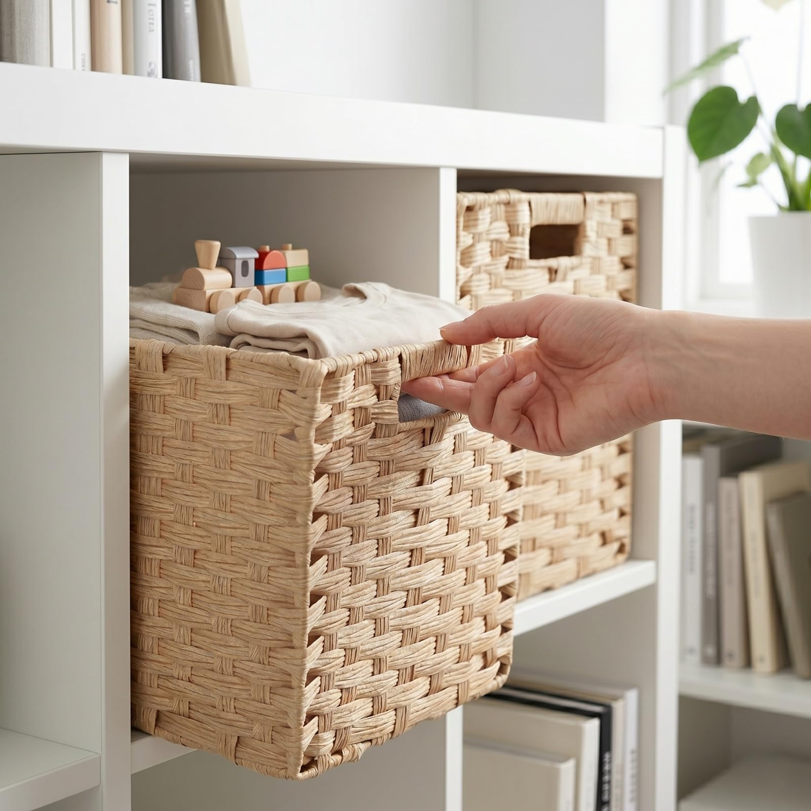 Scatola portaoggetti, 31 x 31 x 31 cm, in finta rattan Kallax, per giocattoli, vestiti, cameretta dei bambini, impermeabile, non ammuffito (4 pezzi, beige chiaro)