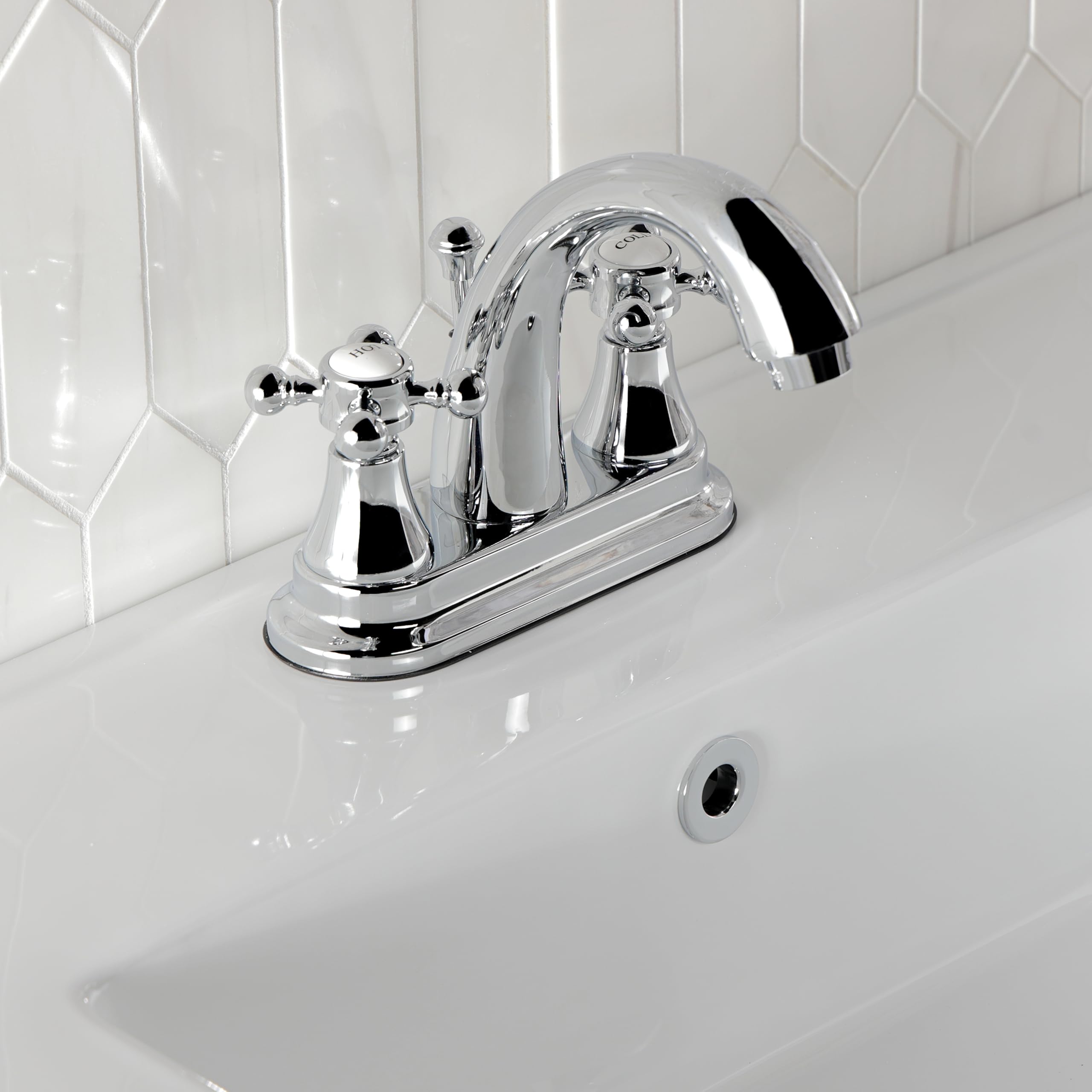 Kingston Brass KS7611BX - Llave de lavabo con centro de 4 pulgadas con tapón de latón, 4-3/4 pulgadas, cromo pulido, latón, Cromo pulido, 4-3/4"