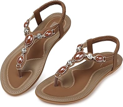 SHIBEVER Summer Flat Sandals for Women Comfortable Casual Beach Shoes Bohemian Beaded Flip Flops Sandals
