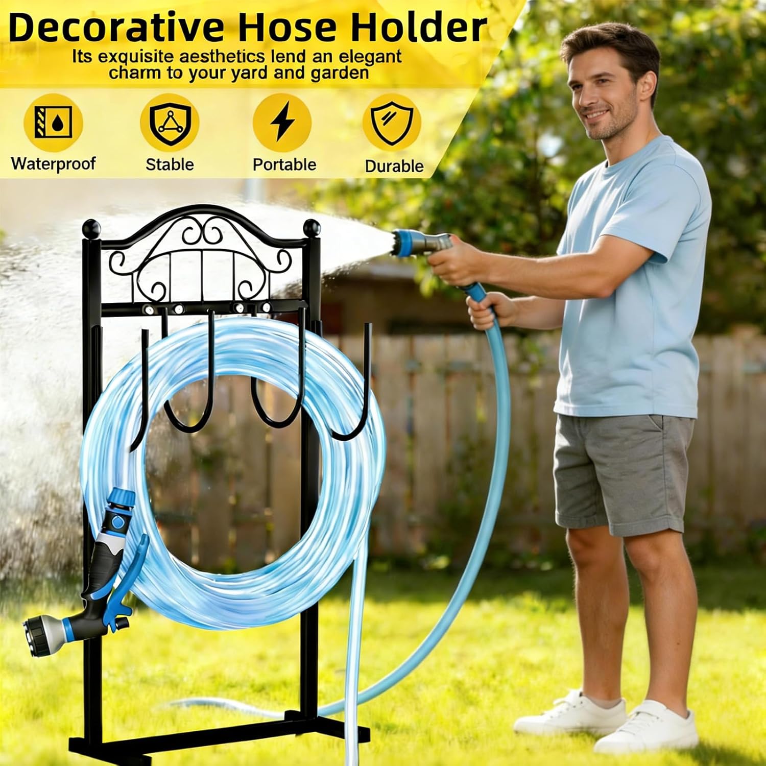 Garden Hose Holder, Easy Coiling & Tangle-Free Metal Hose Reel, Portable Water Hose Storage Organizer for 100FT Hoses, Freestanding Hose Holder for Lawn, Yard and Garden, Black