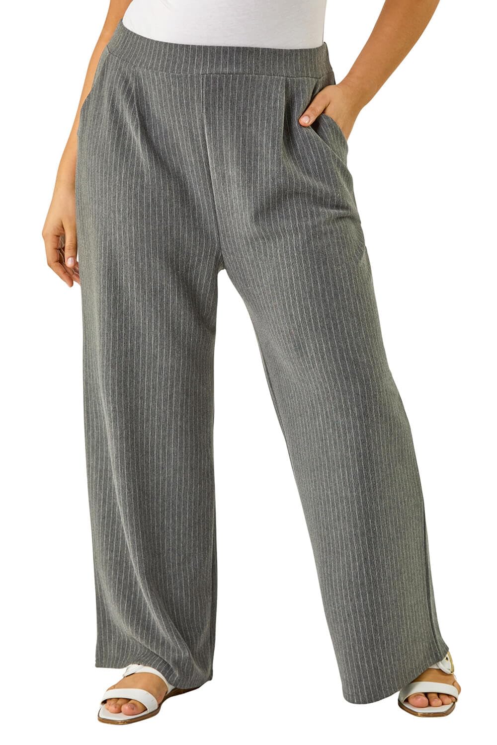 Roman Curve Front Pleat Trouser for Women UK - Ladies Spring Everyday Summer Holiday Elasticated Waist Comfy Full Length Soft Pocket Detail Bottoms Day Out Pants - Dark Grey - Size 22
