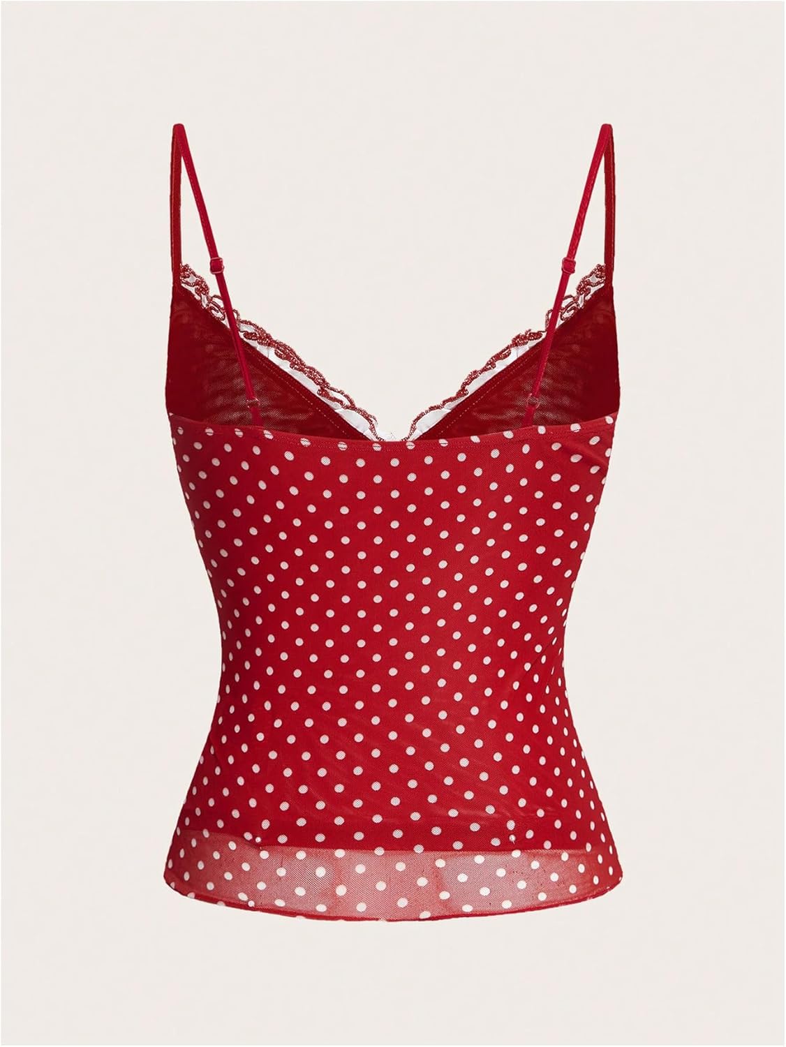 Women's Polka Dots Cami Tops Coquette Mesh Lace Trim V Neck Ruffle Hem Camisole Spaghetti Strap Y2k Tops - Image 4