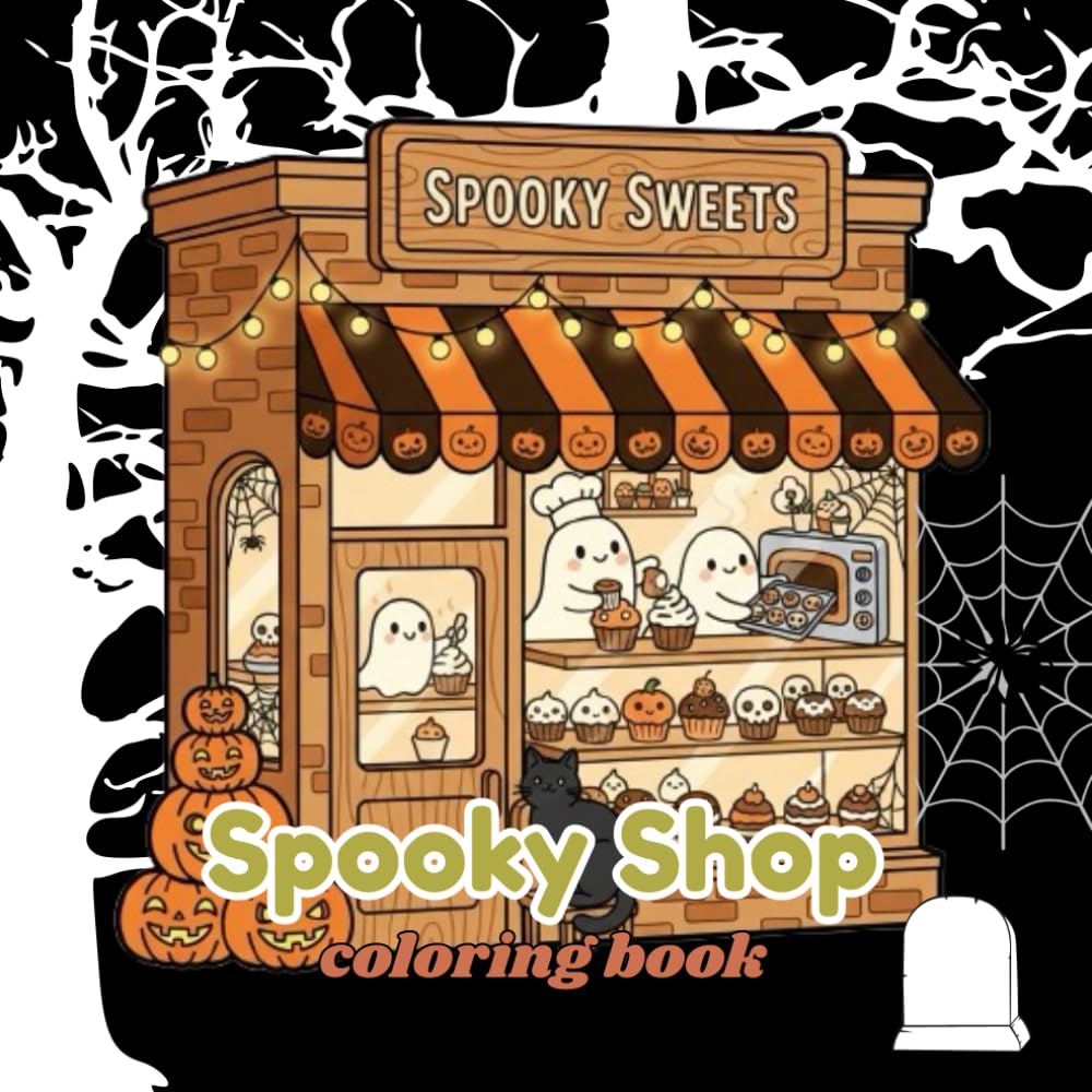 Spooky Shop Coloring Book: Cute and Easy Cozy Halloween Storefronts for Relaxation and Stress Relief