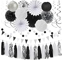 Vista 8 de Conjunto de decoraciones rosa intenso y rojo para fiestas - 33 piezas: Bandera, serpentinas, guirnalda con borlas, pompones de papel, panales