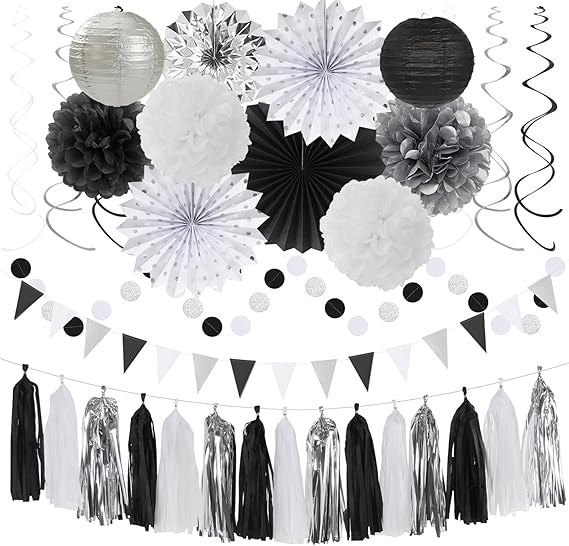 Black WhiteSilver PartyDecorations 33pcs Kits Banner