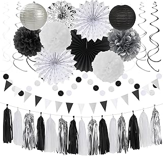 Black White-Silver Party-Decorations - 33pcs Kits Banner,Graduation Streamer Tassel Garland,Tissue Pom Poms Honeycomb,Paper Lantern Fans,Birthday Wedding Baby Bridal Shower New Years Decor Hugtmr