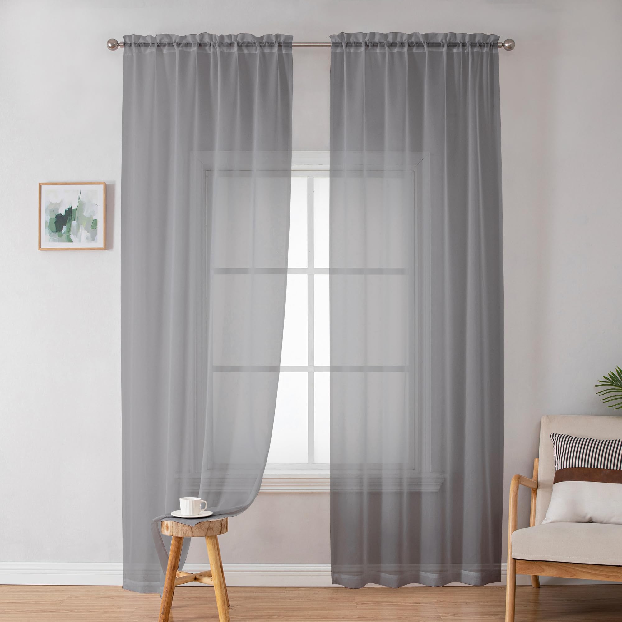 Simplebrand Grey Sheer Curtains 72 Inches Long 2 Panels for Living Room