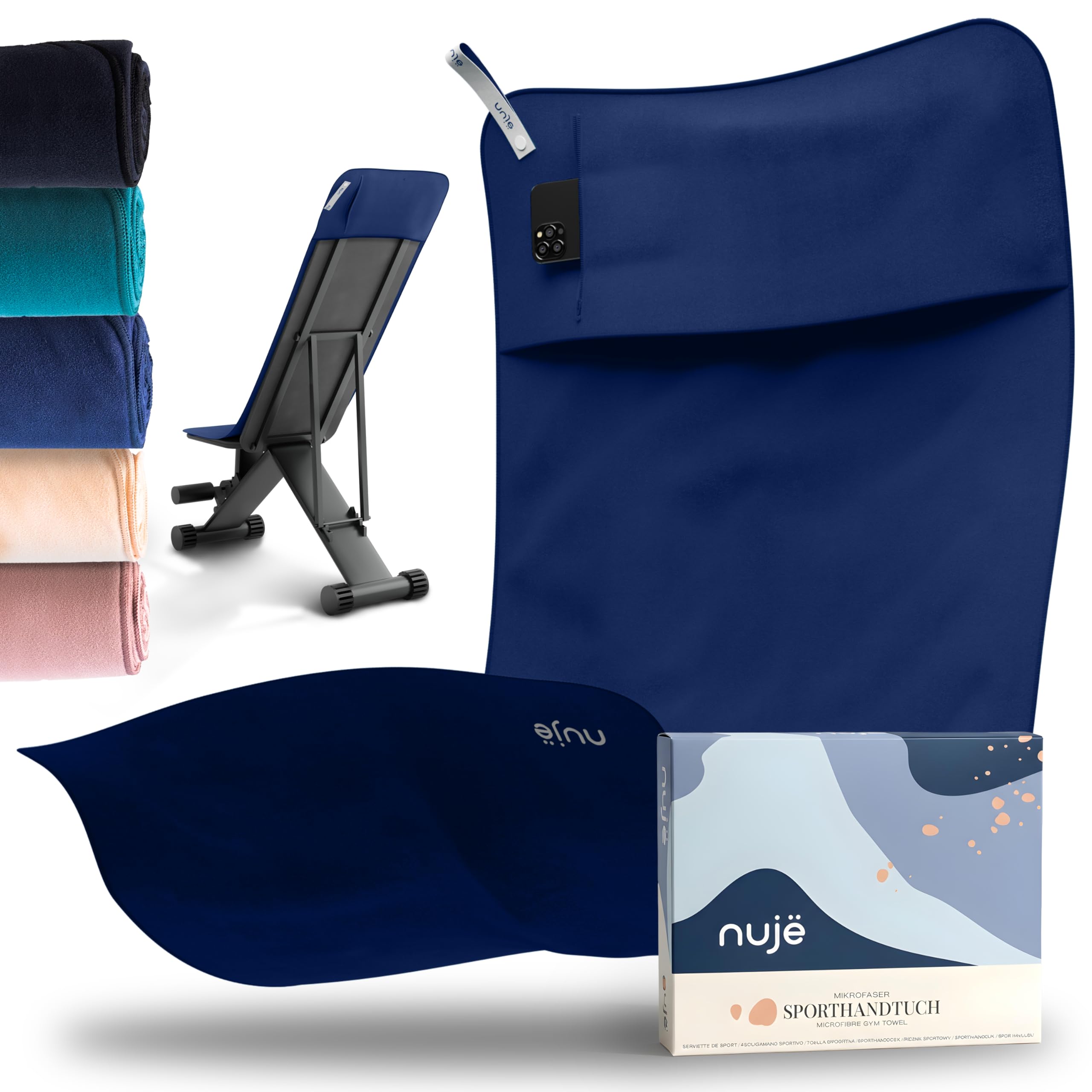 nujë Fitness Handtuch mit Tasche Microfaser I MIT Geschenkverpackung I Sporthandtuch Fitnessstudio I Extra groß & mit Umschlag für alle Geräte I Gym-Handtuch I Gym Towel