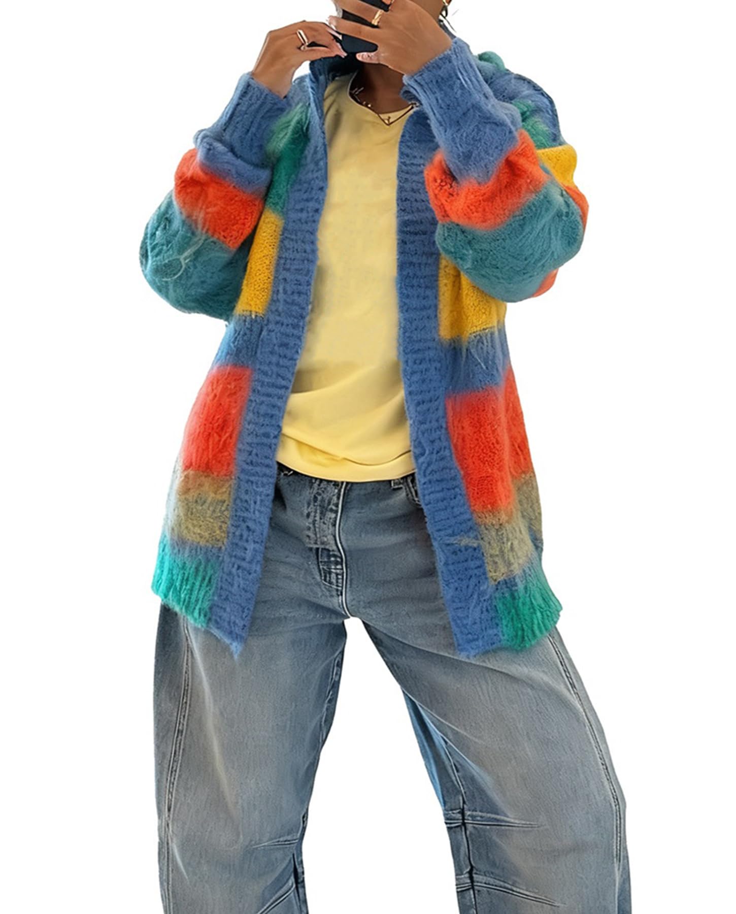 Voghtic Womens Striped Hooded Cardigan Sweaters Open Front Fall Trendy Color Block Long Sleeve Chunky Knit Sweater Coats