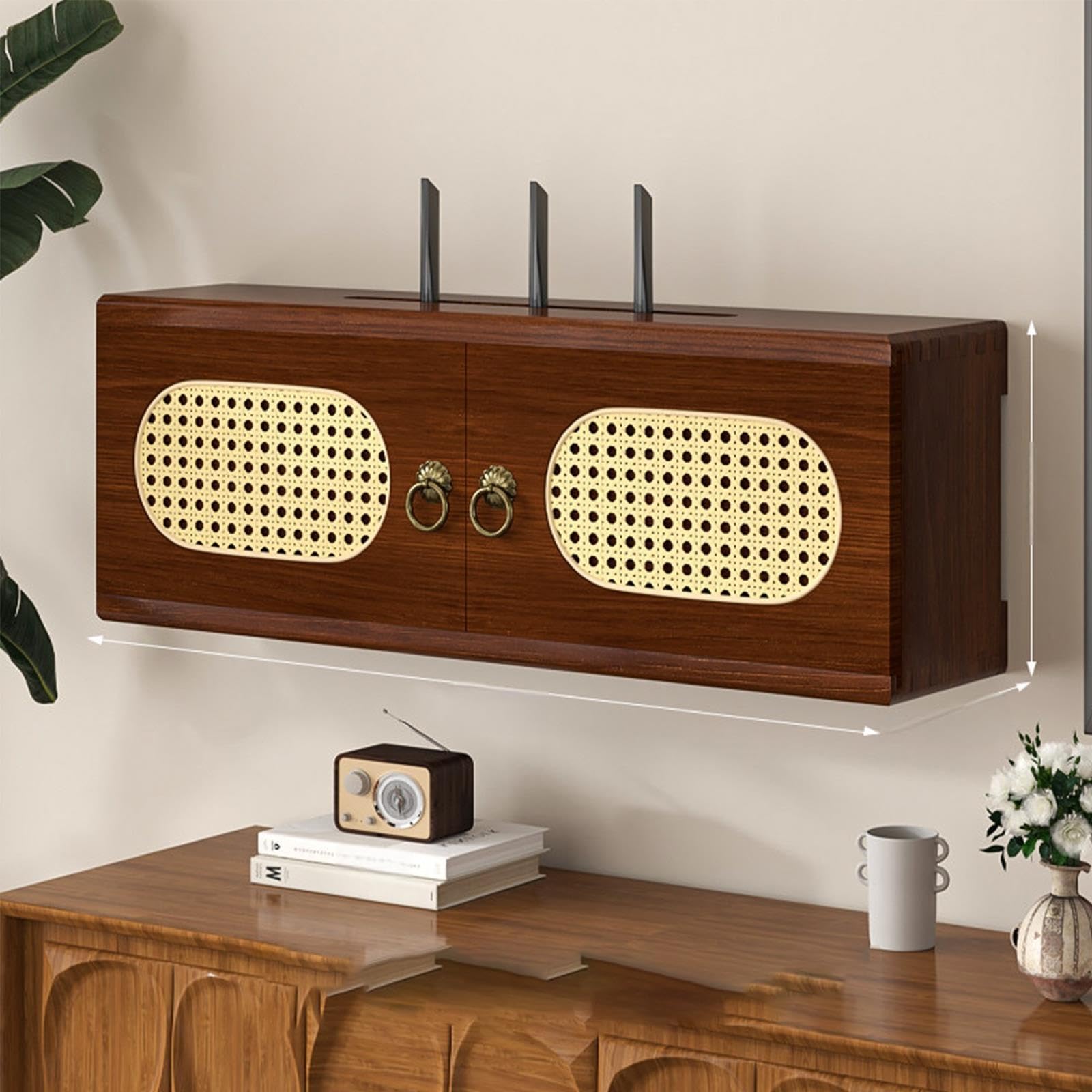 Mobiletto WiFi in legno scuro, Scaffale a muro vintage, Organizer router
