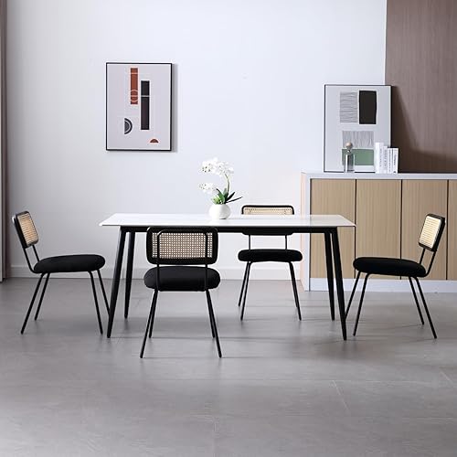 Miniatura 2 de Juego de 2 sillas de comedor de ratán, respaldo tapizado de caña de sherpa negro con patas de metal para sala de estar y recepción