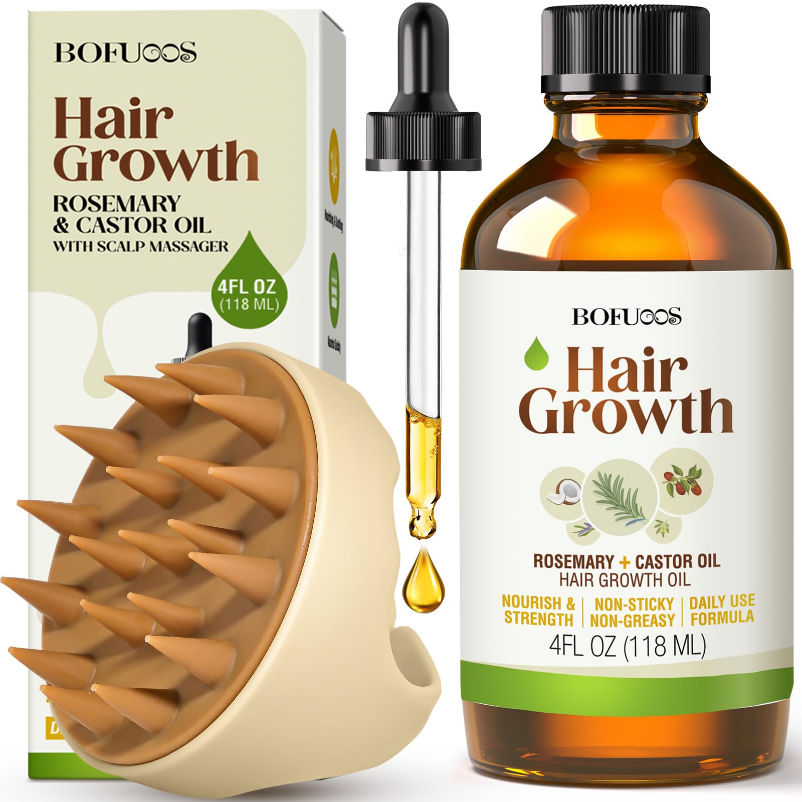 Bofuoos Rizinusöl Bio Haare, Rosmarinöl Haare Wachstum 118ml + Kopfhaut Massagebürste, 100% Natürlich Castor Oil Wachstumsfördernd, Pflegt Trockenes, Strapaziertes Haar, Gegen Haarausfall
