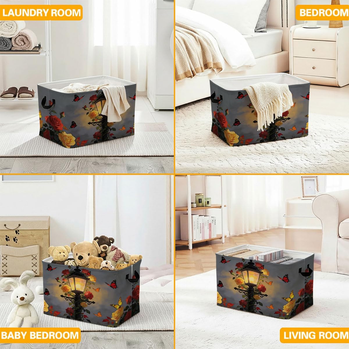 Streetlight Flower Foldable Laundry Basket Hamper with Handles, 56L Large Capacity Toy Storage Organizer, Collapsible Clothes Hamper for Home Decor and Bedroom Organization.