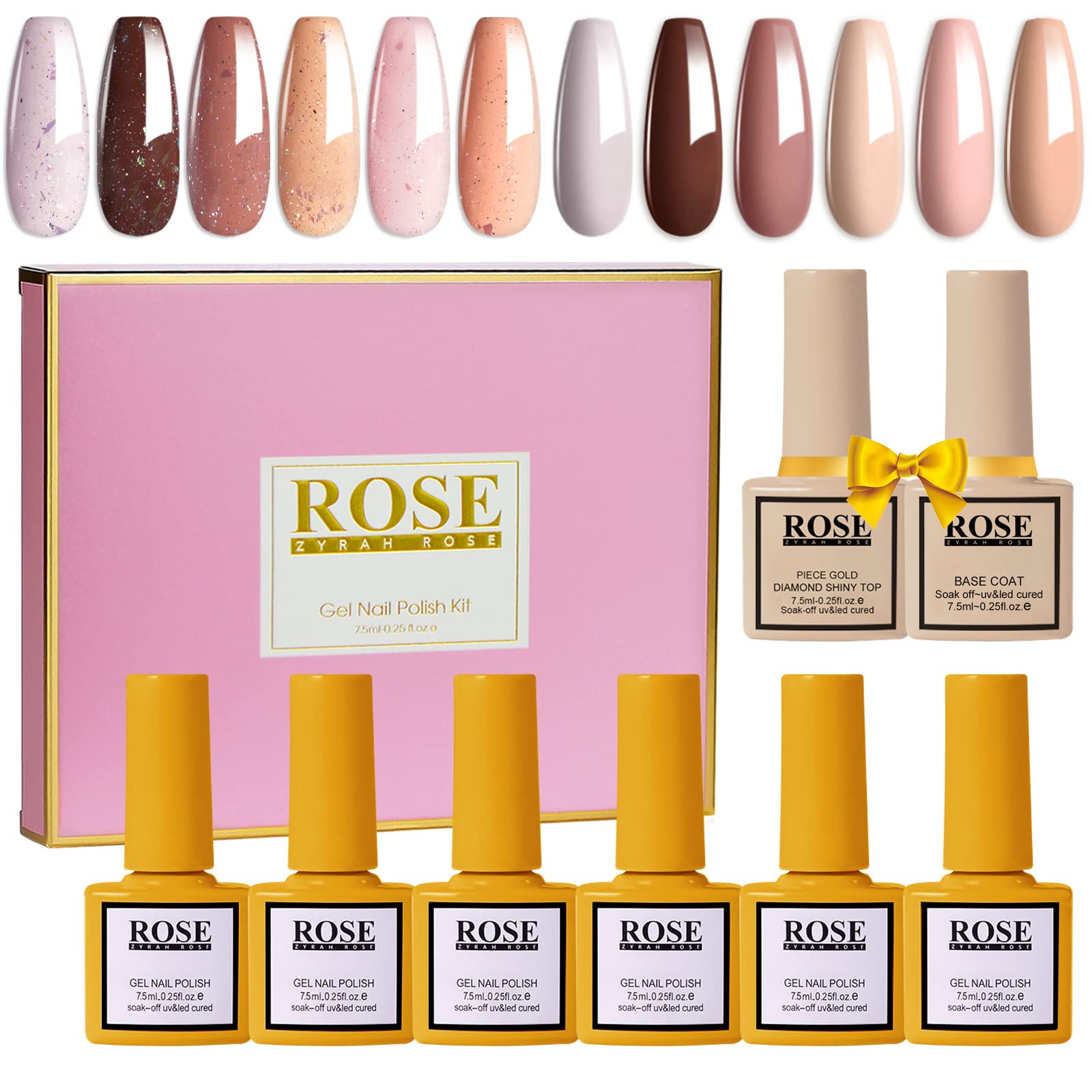 Gel Nail Polish Kit Valentine-Nude - Gel Polish Set Manicure Glitter Pink Brown Neutral Skin Tones Soak Off Nail Gel 8pcs Shine Top Coat Base Glossy Long Lasting Christmas Gift for Women Zyrah Rose