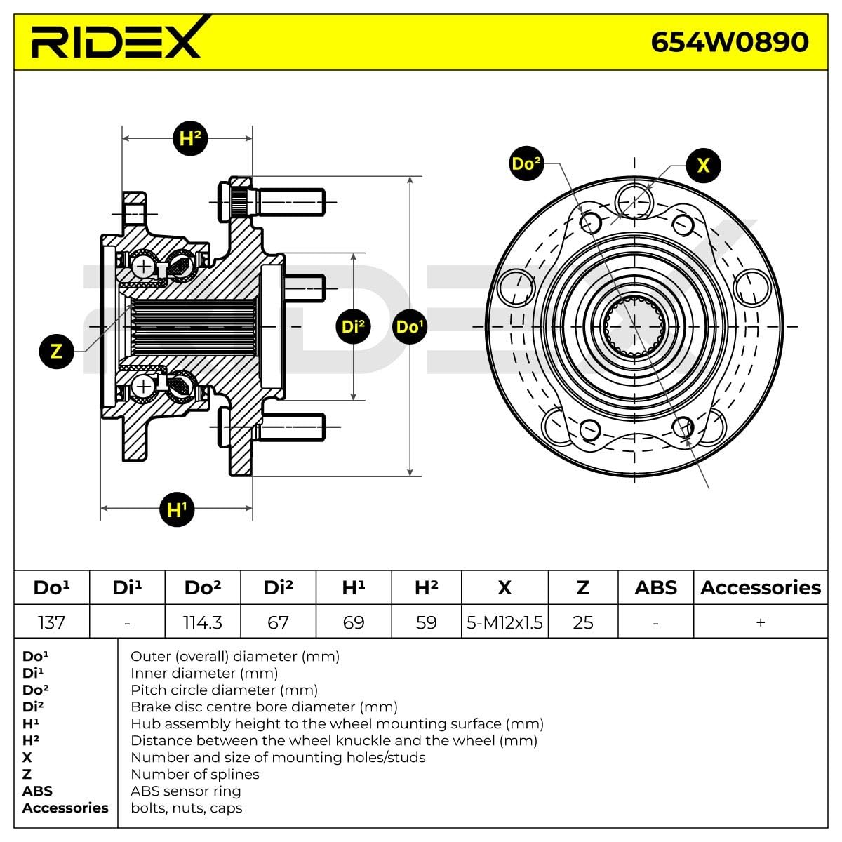 RIDEX 654W0890 Kit cuscinetto ruota Cuscinetto ruota integrato nel mozzo Compatibilità con MITSUBISHI Lancer VII Sedan CSA, CTA