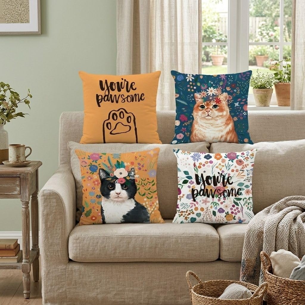 Set 4 Federe Cuscino Gatti e fiori, Velluto 45x45cm, Cerniera invisibile, Lavabile